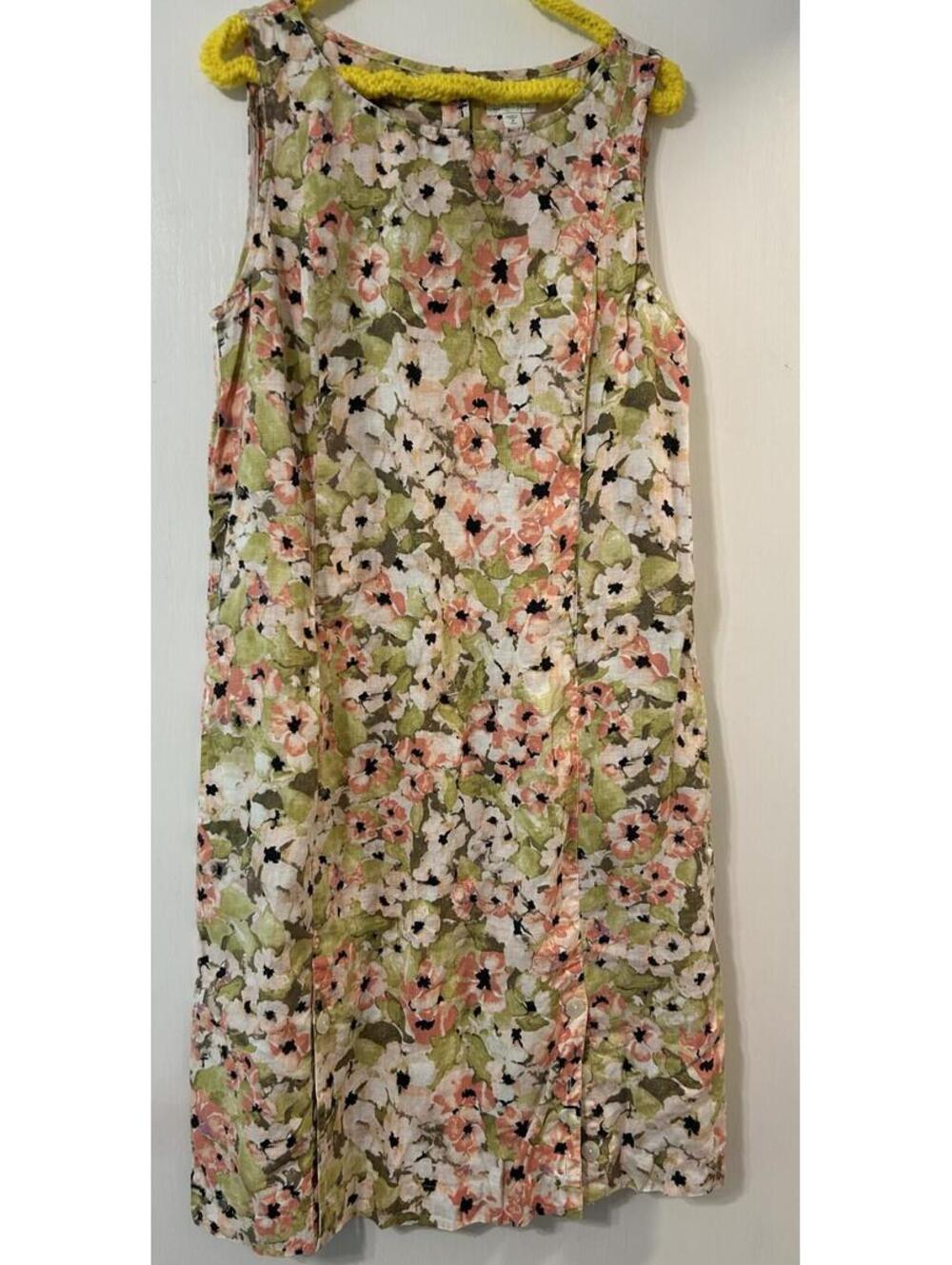 J Jill Love Linen  M Tall shift dress - white & pink floral on green sleeveless